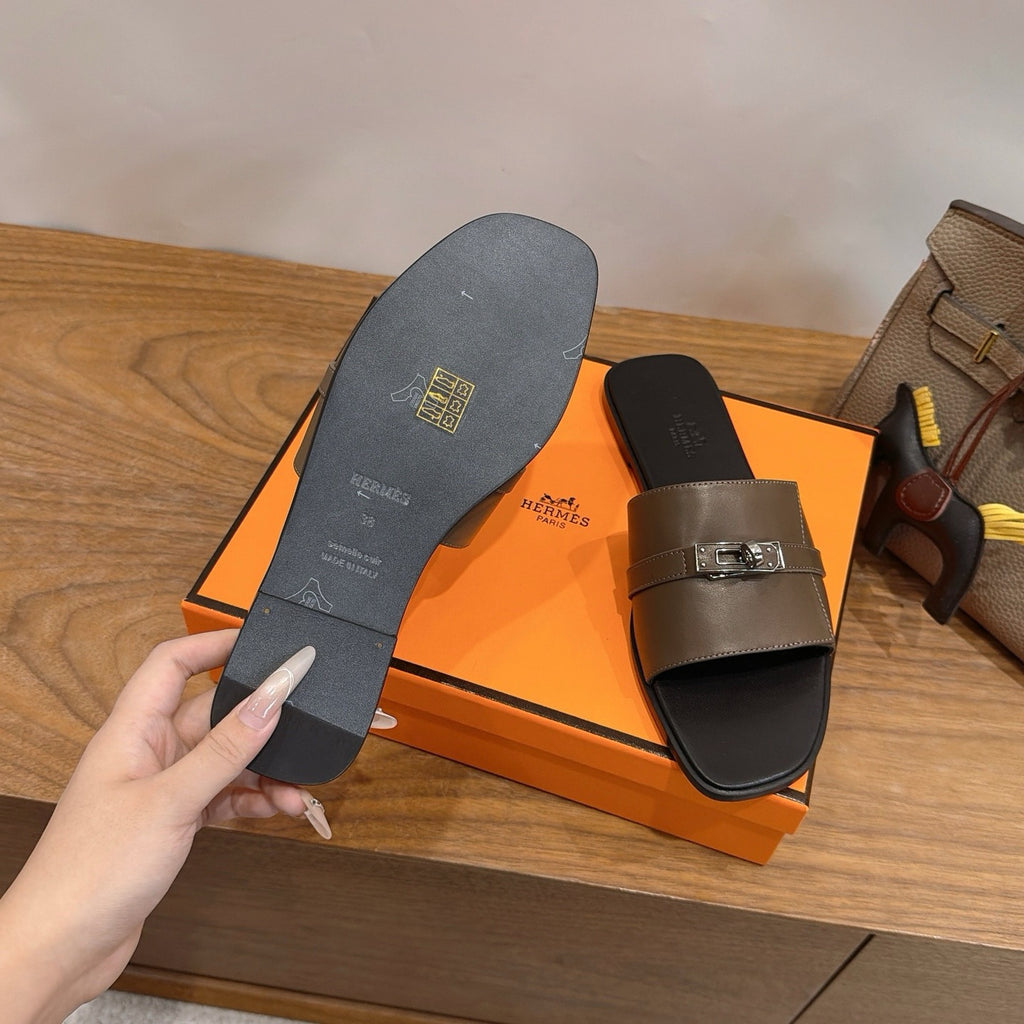 Mules Hermès Kelly Taupe Foncé